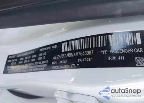 2021 Alfa Romeo Giulia Ti Awd from USA, damaged, VIN ZARFANBNXM7648087